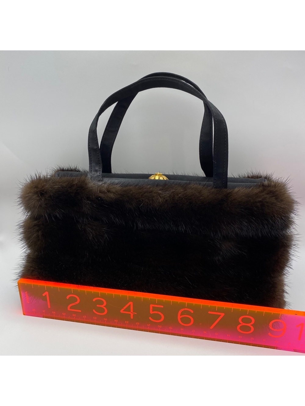 Vintage Miss Lewis Brown Fur and Black Satin Handbag with Gold Flower Clasp